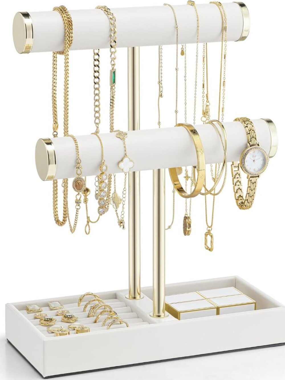 2 Tier Bracelet Holder with Tray - Leather Jewelry Stand Organizer for Women - N